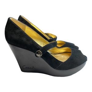 Womens COACH Black Suede Platform Mary Jane Peep Toe Wedges Shoes MAGDA sz 9.5